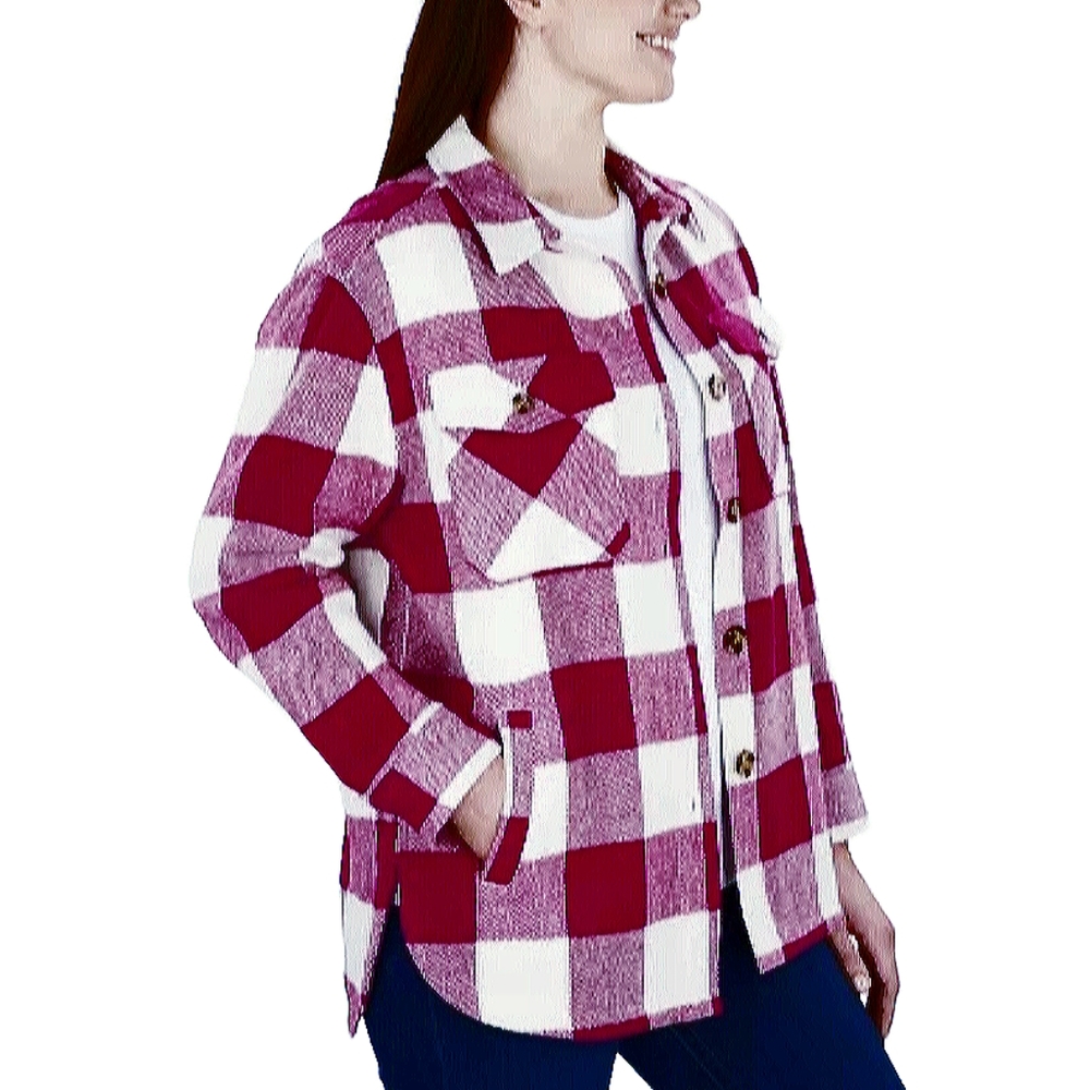 Members Mark Womens Button Front Long Sleeve Warm Plaid Shacket Pink SMALL New
